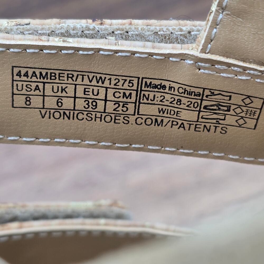 Vionic Amber Sandals Womens 8 Wide Gold Cork Orthotic Adjustable T Strap Comfort - Picture 7 of 7